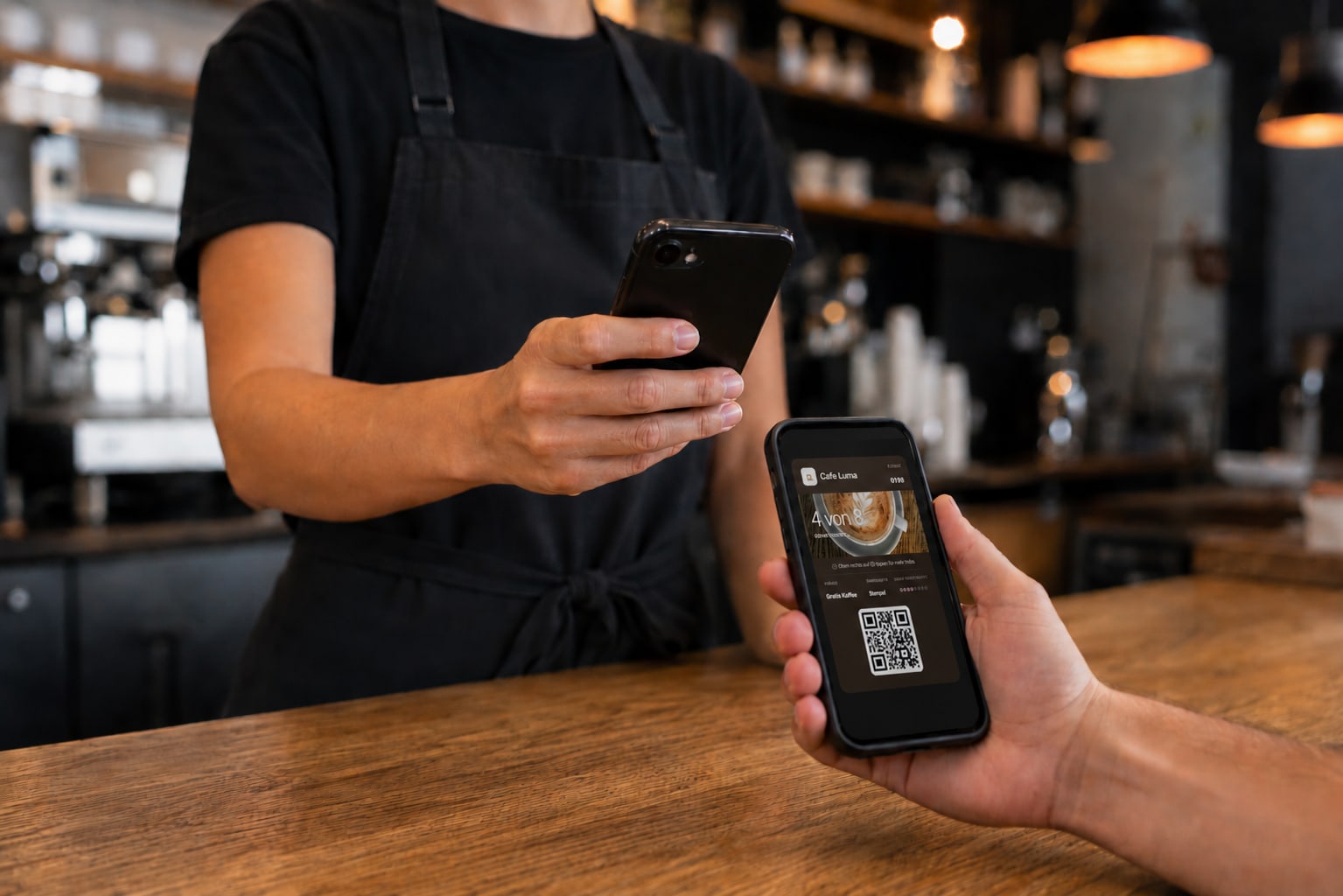 Mitarbeiter stempelt die Karte per Handy-Scan