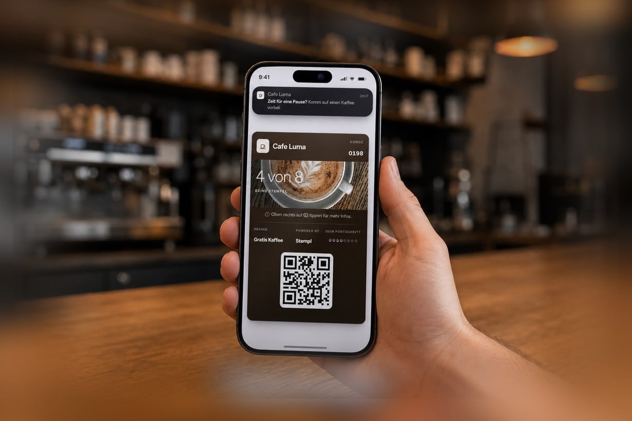 Push-Nachricht von Stempl auf einem Sperrbildschirm im Café